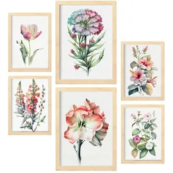POSTER Set Mit 6 Hibiskus Vollfarbige Natur Und Botanikdrucke Mit Blumenmotiven Auf Reinweißen Hintergründen A3 & A4 Rahmen Aus Hellem Holz