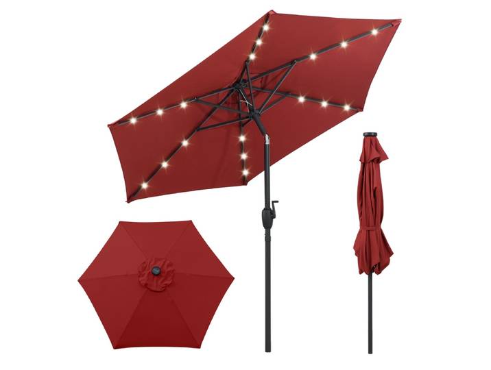 230 cm Zonnescherm op Zonne-Energie voor Terras Stevig Zonnescherm met LED-Verlichting Kantelknop Zwengel Geventileerd Zonnescherm-Wijnrood