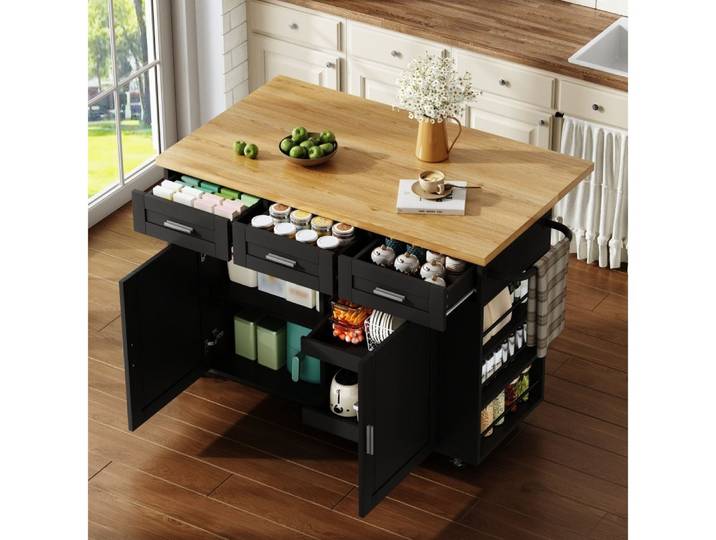 BBWL Kücheninsel klappbare Arbeitsplatte, 3 Schubladen, Steckdose, USB, Rollen, MDF, Mobile Kücheninsel 120×45–70×84 cm