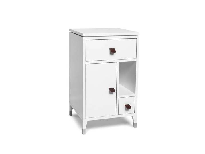Mavis Table de chevet Abisko pieds bas Blanc, poignées en cuir de renne brun