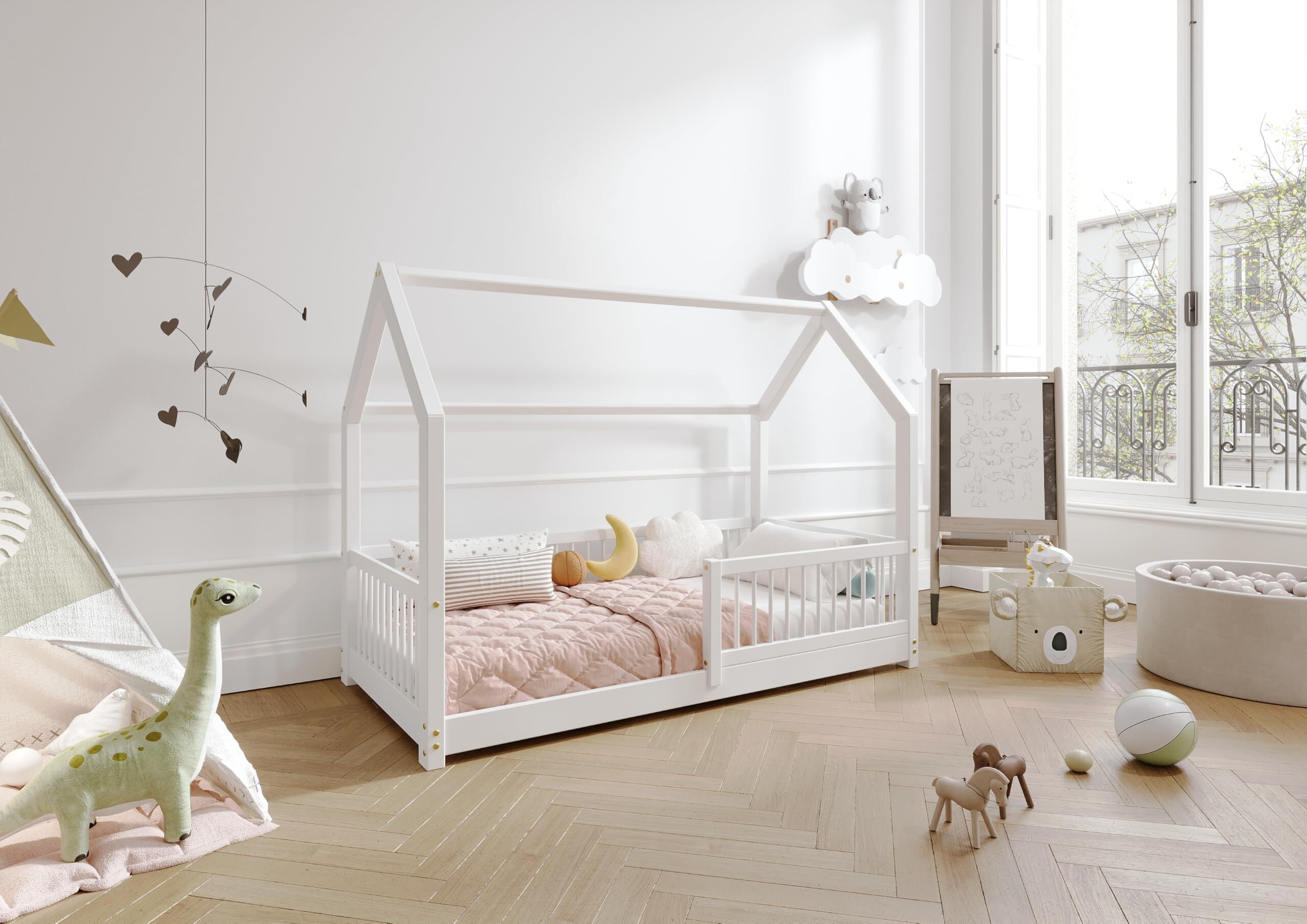 TIMBEE ZOJA Hausbett Kinderbett Holz Kinderzimmer Bett - Weiß - 90x200 - 3cm Beine
