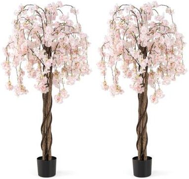 Costway 5.5 FT Tall Artificial Cherry Blossom Tree with Pink/White Flowers 2 Pack-White
