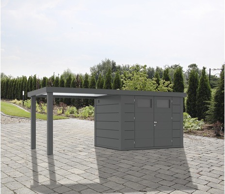 Gartenhaus Classico 3024 inkl. Regenrinne mit Seitendach links 602 x 259 cm granitgrau