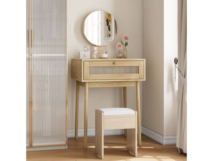 Coiffeuse - Compacte rotin chêne - Miroir rond - 2 tiroirs spacieux - 60 x 50 x 128 cm