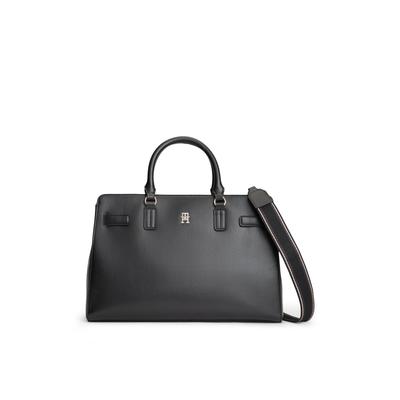 Handtasche TOMMY HILFIGER "TH JOY SATCHEL", Damen, Gr. B/H/T: 37cm x 25cm x 16cm, schwarz, Lederimitat, Taschen Handtasche, Damen Schultertasche, Umhängetasche mit TH-Logo