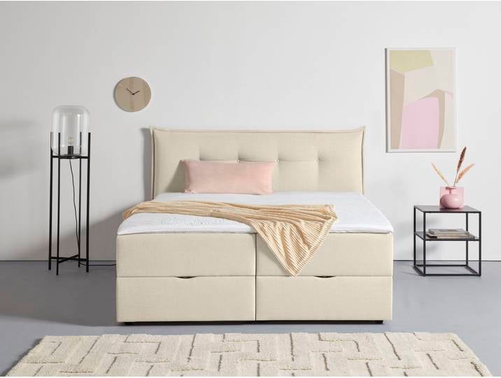 Boxspringbett, Struktur, Beige, 195×213 cm, Mit Bettkasten & Topper, Skandinavisch, andas