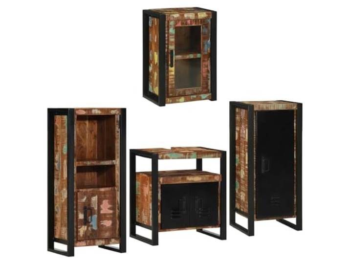 KTHLBRH Badezimmermöbel-Set 4-teilig, mehrfarbig Robustes Metall, recyceltes Massivholz, Wandmontage, 9 Einlegeböden, 5 Türen, schwarze Griffe