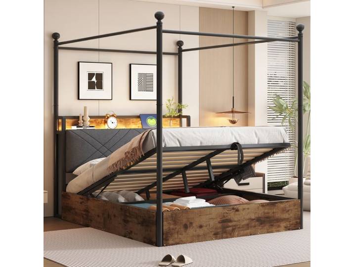 Lit double - TRUXEN8 - Multifonctionnel - Baldaquin - LED & USB - Noir