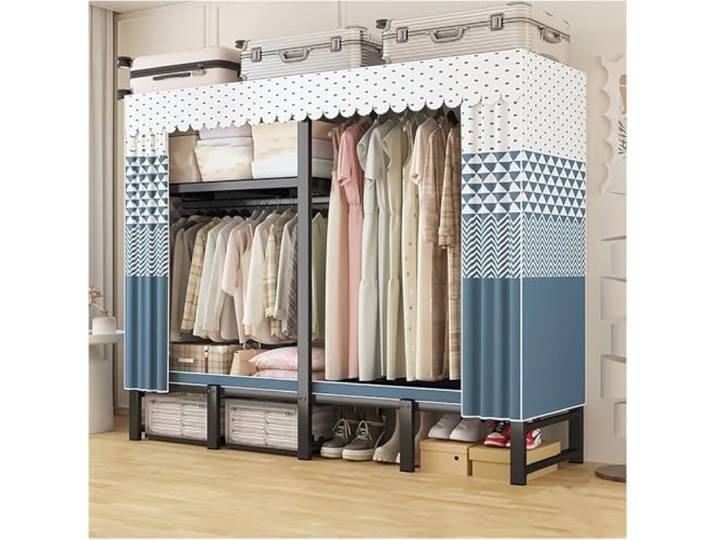 MmcdylyhEU Robuster tragbarer Kleiderschrank mit Abdeckung – Faltbarer L-Kleiderständer for Schlafzimmer und Wohnheim, robuster Kleider-Organizer(Blue2,113cm/44.5inch)
