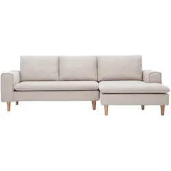 Ecksofa rechts in beigem Samteffekt Textilstoff und hellem Holz RAGNAR