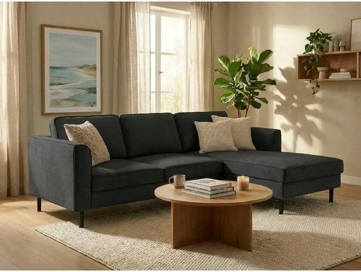 Ecksofa HOME AFFAIRE Booster II, whlw. mit Schlaffunktion & Bettkasten, Fuss schwarz , grau (anthrazit), B:232cm H:83cm T:161cm, 92% Polyester, 5% Polyamid, Sofas, Ecksofa, Recamiere beidseitig montierbar,L-Form, in Cord & Struktur LEO o. LINO