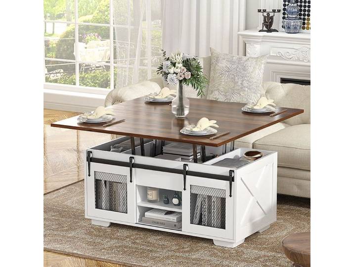 Table Basse Relevable - VOWNER - Table de Salon Multifonctionnelle 3 en 1 - Convertible Style Ferme (Blanc et Noyer)
