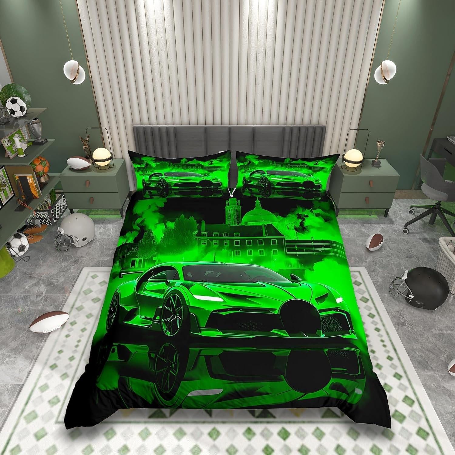 Kinder beddengoed set Racing Car - Groen - 135 x 200 cm