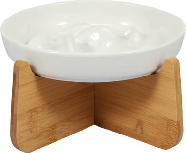 Inspire Picks Elevated Ceramic Cat Bowl With Wooden Stand Anti Vomiting Slow Feeder Pet Bowl white