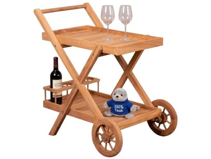 MR. DEKO Servierwagen Holz Chester Rollwagen 71x48cm Küchenwagen mit Rollen Flaschenhalter wetterfest Teak