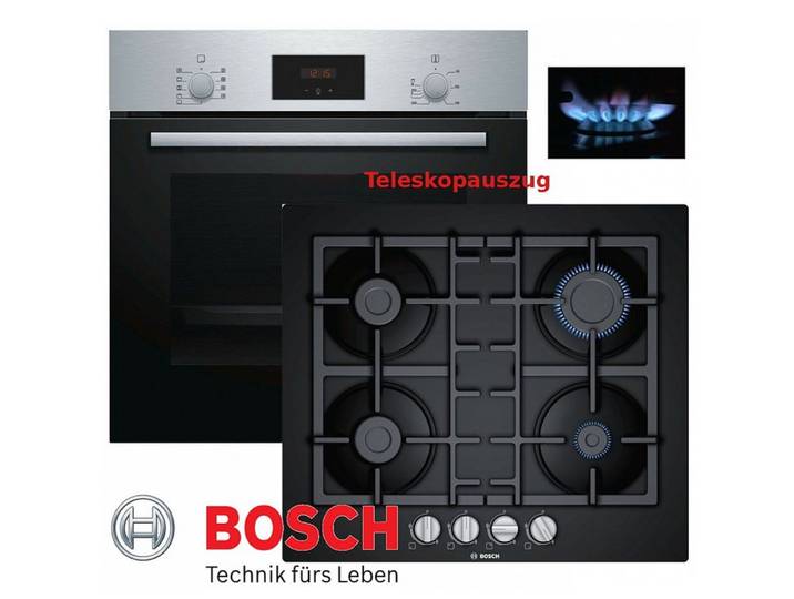 BOSCH Gasherd-Set Bosch Autark Elektro Backofen mit Teleskop + GAS Glas Kochfeld Neu, mit 1-fach-Teleskopauszug