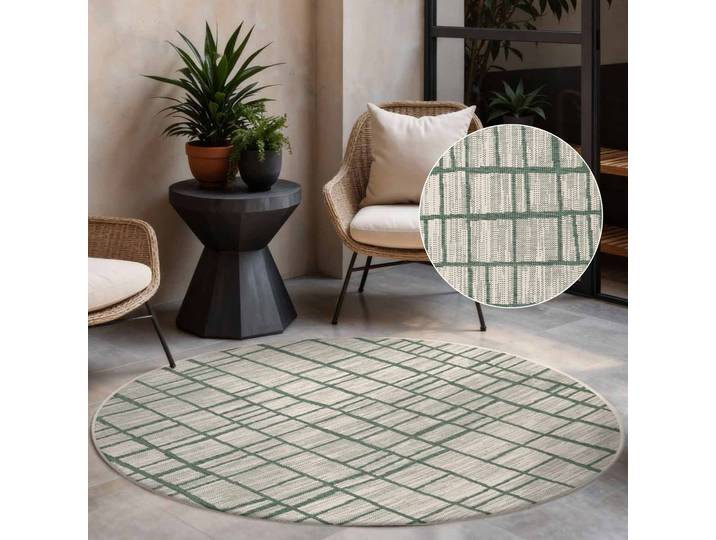 Teppich TED BAKER Crouch, Wendeteppich , grün (grün weiß), H:8mm Ø:160cm, Polypropylen, Teppiche, Teppich, Designteppich, Wetterfest, Pflegeleicht, Modern, Wohnzimmer, Terrasse