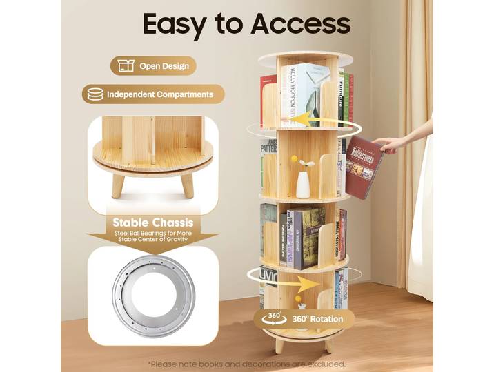 Étagère à livres rotative à 4 niveaux avec pieds, étagère à livres ronde en bois empilable sur pied, étagère à livres rotative à 360° pour le salon