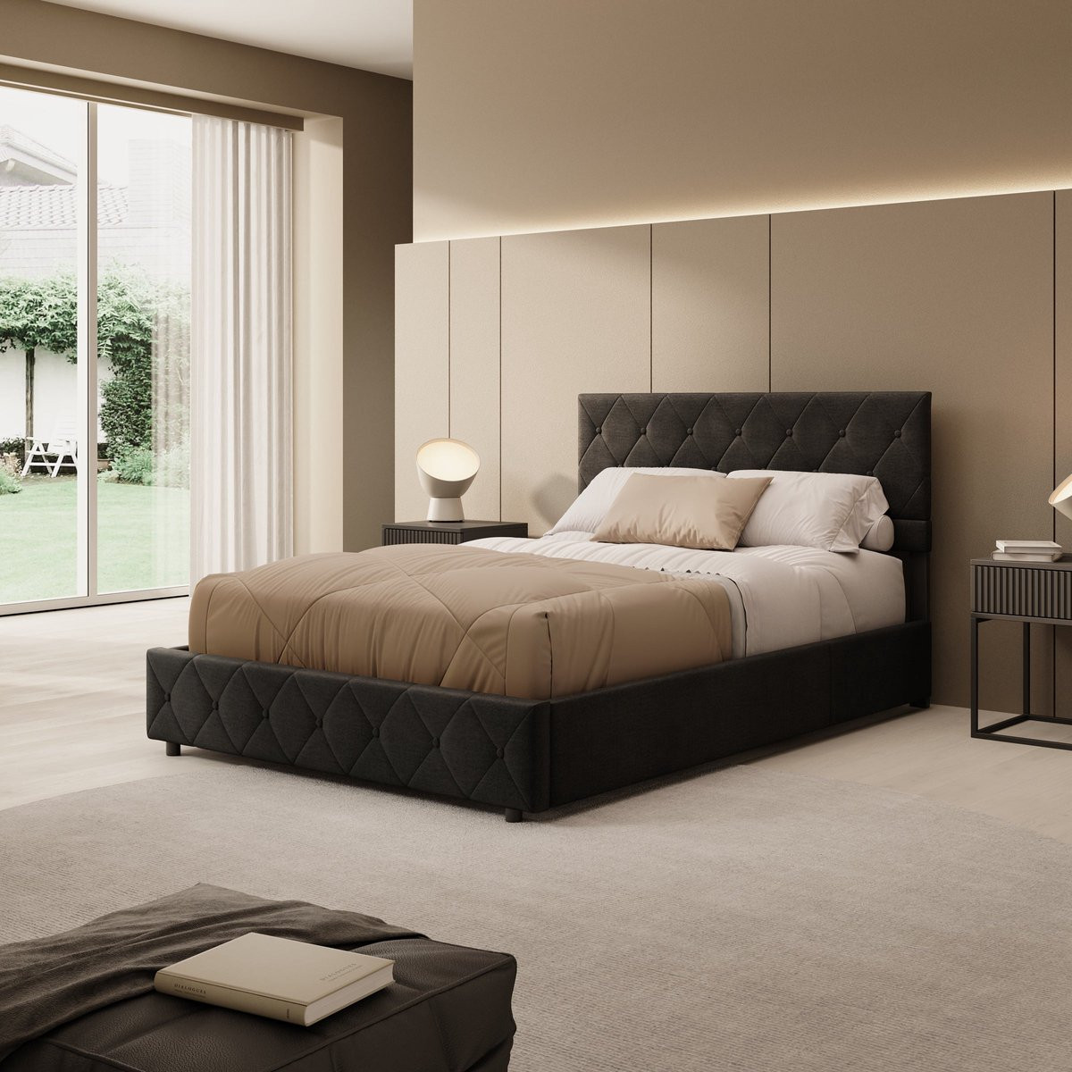 Meubella Hernandez Tweepersoonsbed met opbergbox, Velvet zwart, 140 x 200 cm