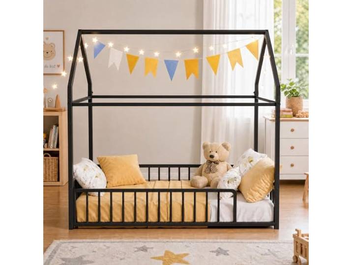 IRONCK Bett mit Rausfallschutz, Hausbett 90x200 cm, Bodenbett, Schwarz Hausbett aus Metall, Metallbett, Hausdach-Design, modernes Bettgestell, Schlafzimmermöbel