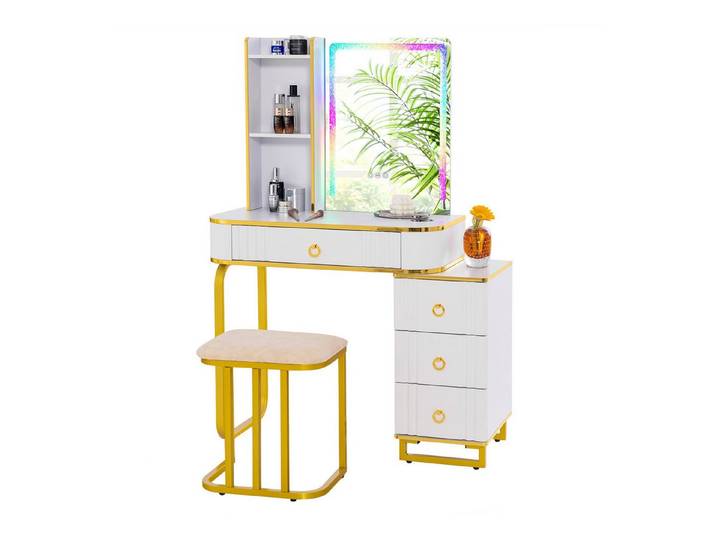 COSTWAY Schminktisch, mit 14 dimmbaren LED-Leuchten, USB-Anschluss, Hocker