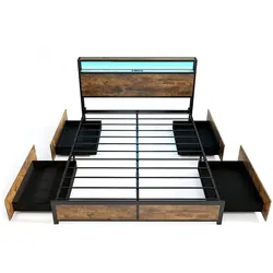 COSTWAY Doppelbett 200x160cm, industrieller Metallbettrahmen mit LED, Ladestation, 4 Schubladen, Stauraum-Kopfteil und Lattenrost