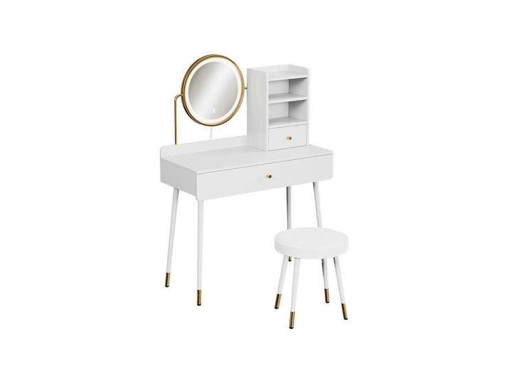 Vicco Schminktisch Mirela, Weiß, 90 cm mit LED-Spiegel und Hocker, 2 Fächer, 1 Schubladen, Rechteckig, 90x130x40 cm, Schlafzimmer, Schminktische
