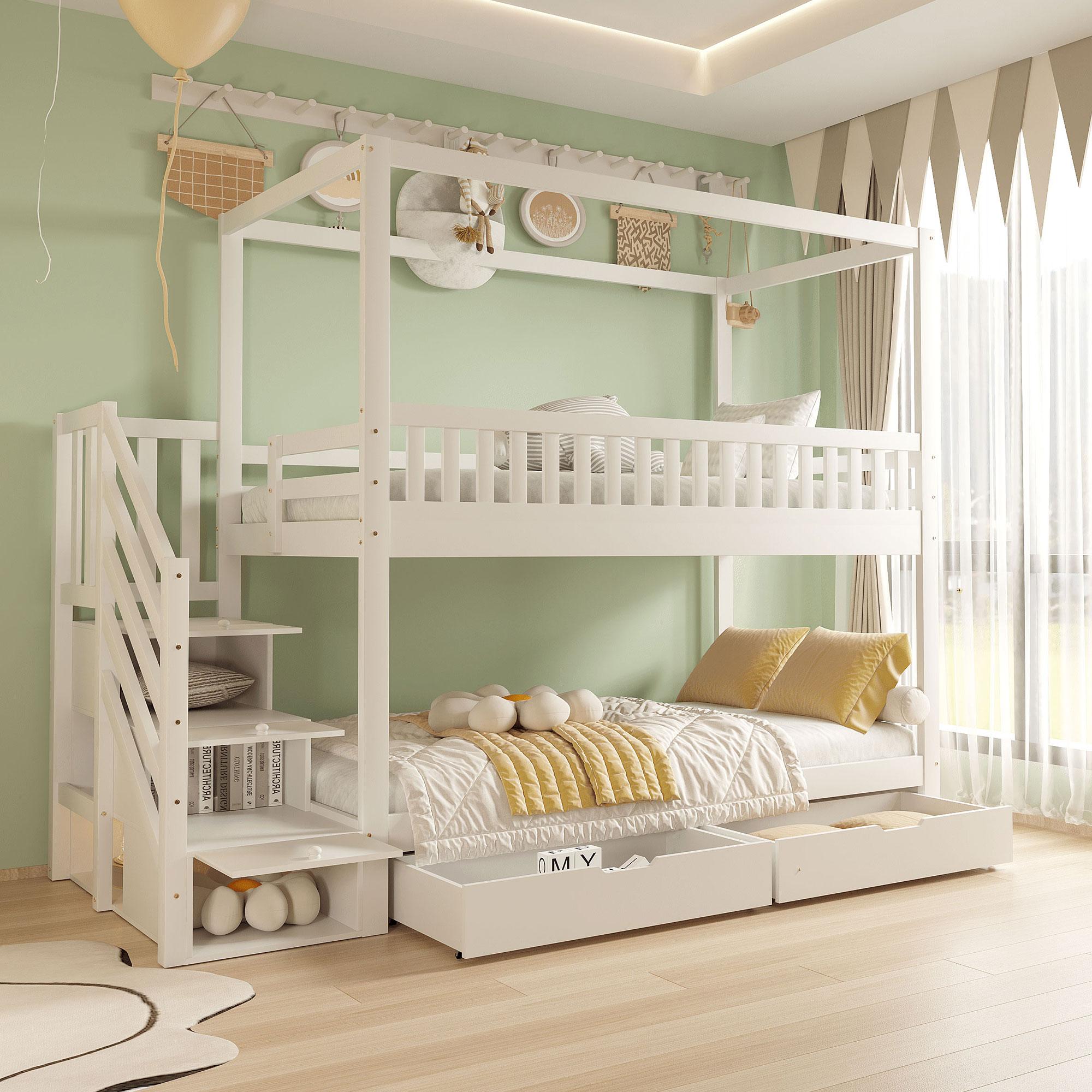 Kinderetagenbett 90x200cm (Massivholz, weiß): Doppelbett in Hausform, Schutzgitter, Stauraum, Sicherheitsleiter, für Jungen/Mädchen