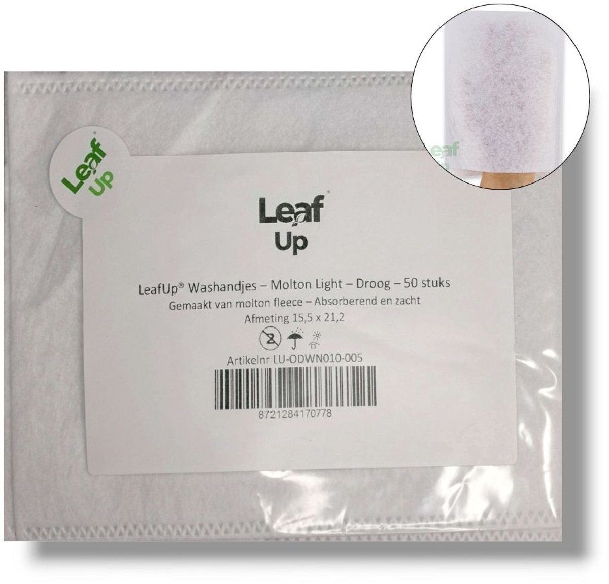 LeafUp Wegwerp Washandjes Molton Light Droog 50 stuks