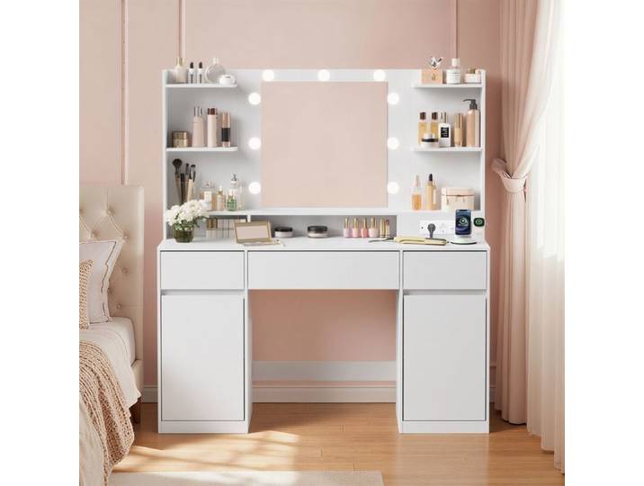 Coiffeuse avec Miroir LED Multiprise 2 Placards 9 Ampoules Éclairage 3 Couleurs Blanc