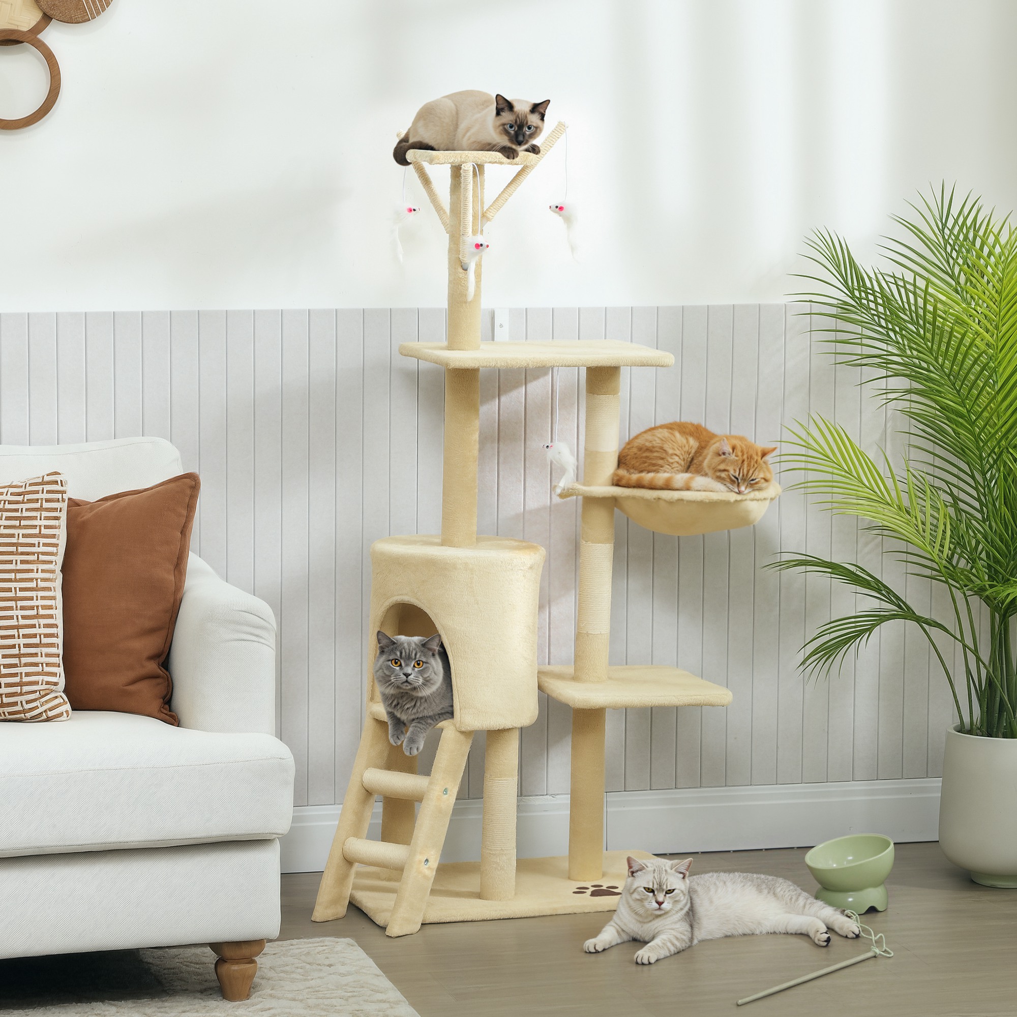 Pawhut Torre per Gatti con Casetta, Trespolo, Piattaforme e 4 Topolini Appesi, 60x35x134 cm, Beige   Aosom Italy