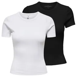 ONLY Damen T-Shirts, 2er Pack - ONLVAL O-NECK TOP, Rundhals, Kurzarm, einfarbig Weiß/Schwarz / XS