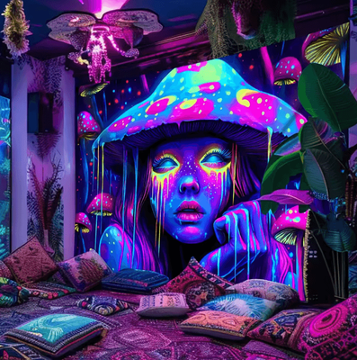 Uplift Curations VIKAMA Psychedelic Mushroom Girl Tapestry Blacklight Reactive Trippy Wall Decor 29x37inch
