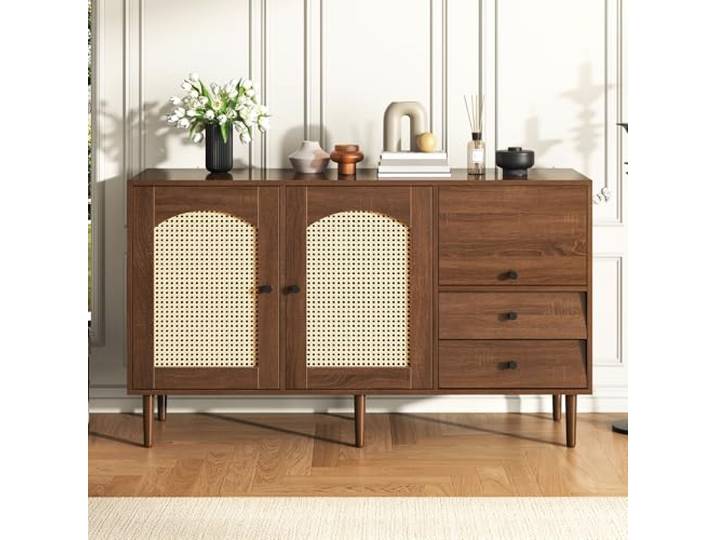ModernLuxe Sideboard Mit Rattan Einsatz, mit DREI Türen und Zwei unregelmäßigen Schubladen, Braun (130 x75.5 x 40 cm)