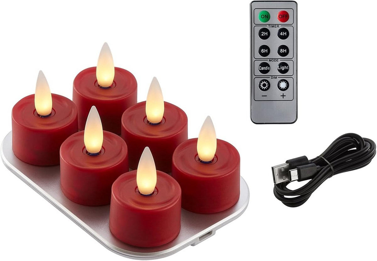 Set van 6 oplaadbare 3D theelichtjes met afstandsbediening - Rood