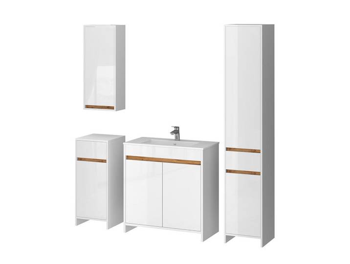 Vicco Badmöbel-Set Lemgo, Weiß Hochglanz, 5-teilig, 12 Fächer, 2 Schubladen, nicht einzeln stellbar,Rechteckig, 80x81.9x40 cm, Badezimmer, Badmöbelsets & Badmöbelserien, Badmöbel-Sets