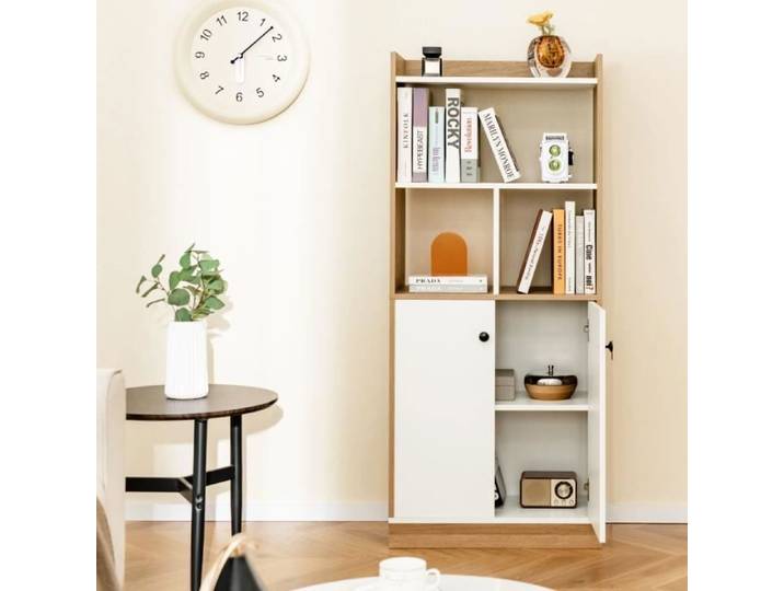 COSTWAY Bibliothèque Autoportante avec Armoire à Double Porte Etagère Haute à 3 Niveaux pour Salon Chambre Bureau Cuisine