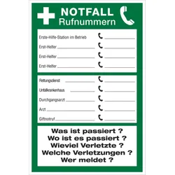 Aushang, Notfall Rufnummern - 200x300 mm Folie selbstklebend