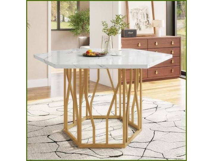 Esstisch Sechseckig Marmor MDF + Metallgestell Gold/Weiß - Stylish & Stable