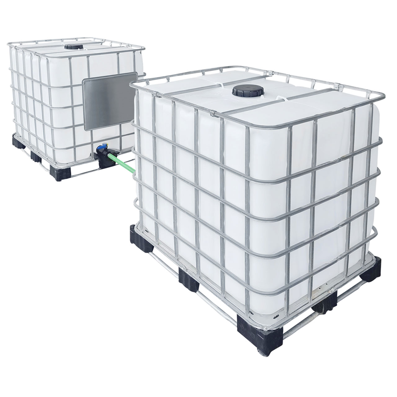 REKUBIK 2000l IBC Wassertank gegenüber mit Schlauch Tankverbindung 50mm (2")