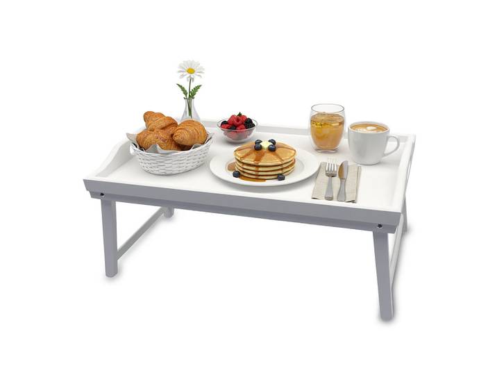 Relaxdays Betttablett Weiß Bambus klappbar mit Griffen 50x30 cm, Holz, Schlafzimmer, Bett