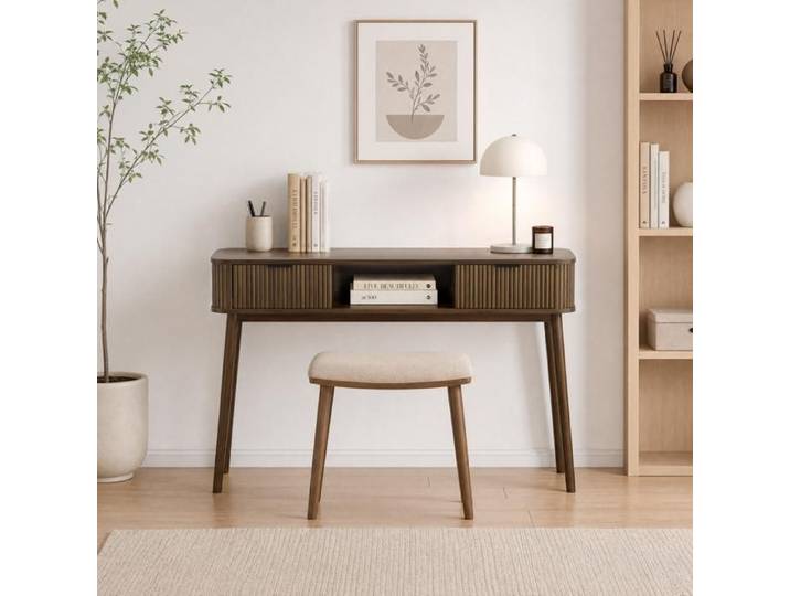 Modenuit console style Mid-Century 120 x 35 x 77 6 cm avec 2 tiroirs niche ouverte aspect noyer