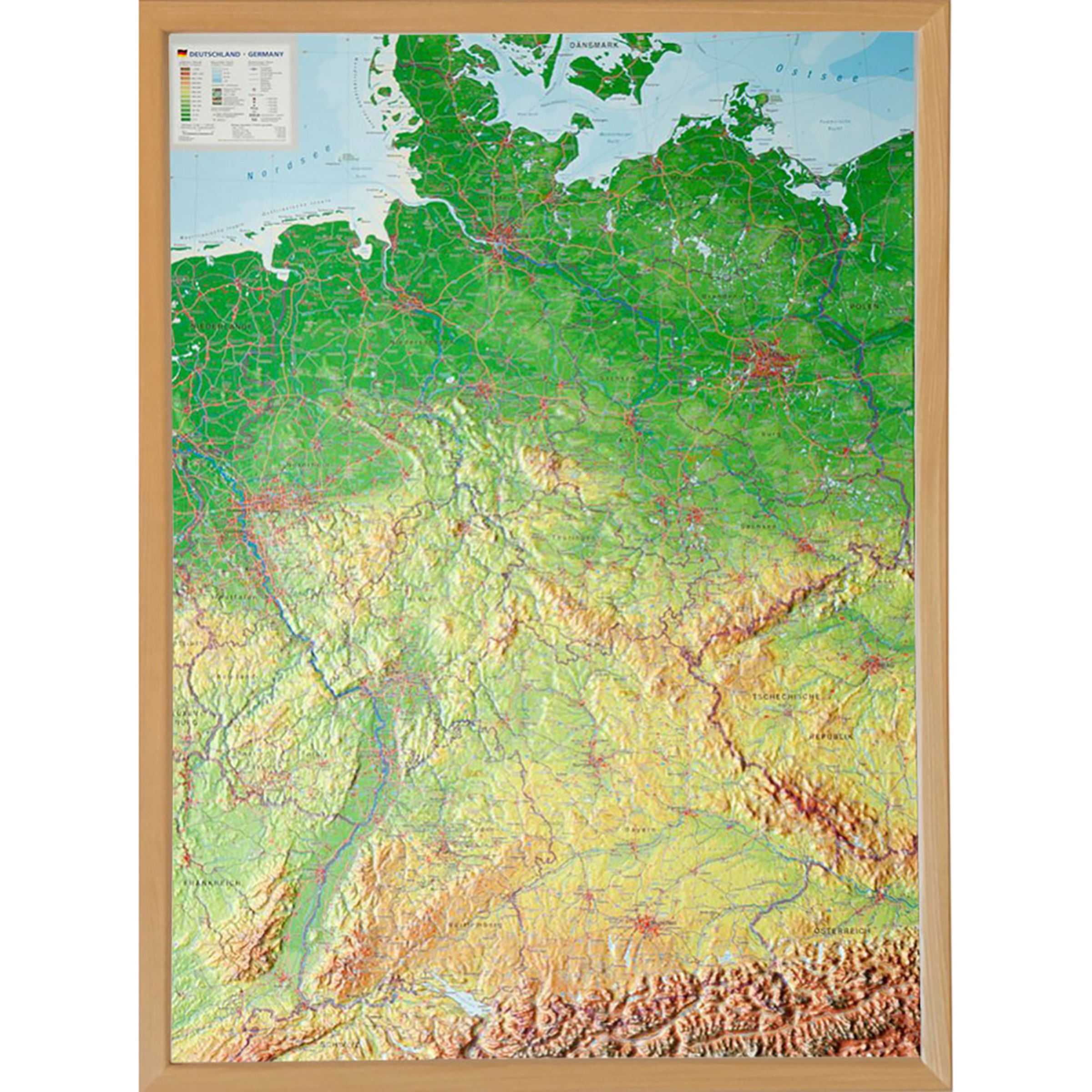 Georelief 3D Reliefkarte Deutschland Topografische Karten mit Naturholzrahmen Größe groß