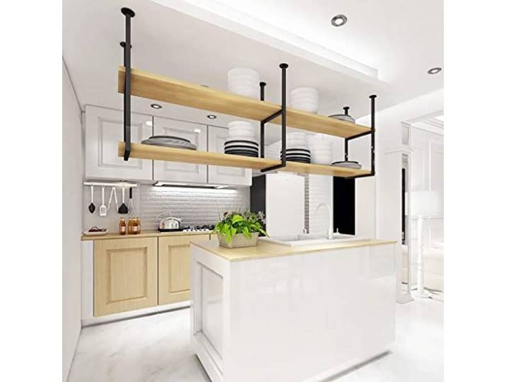 Deckenregal - 2-stöckiges Decke Hängende Weinregal, An Der Wand Befestigtes Massivholz-Küchenregal, Hängendes Metallregal, Für Küche/Bar/Deckenpflanzenregal(Black,80*30*80cm(31*12*31 in))