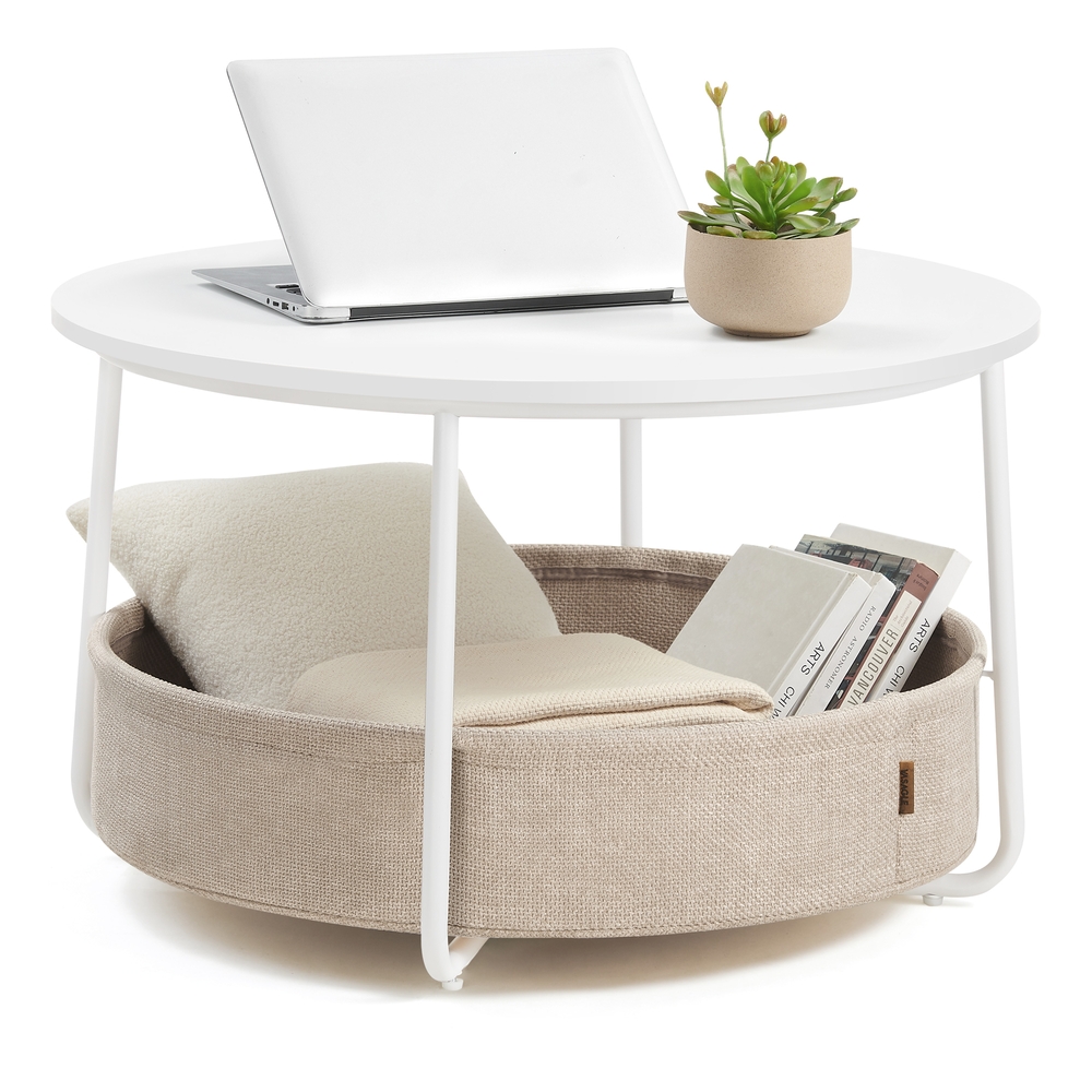 VASAGLE Couchtisch mit Korb aus Stoff mattweiß-kamelbraun B34LCT244W10