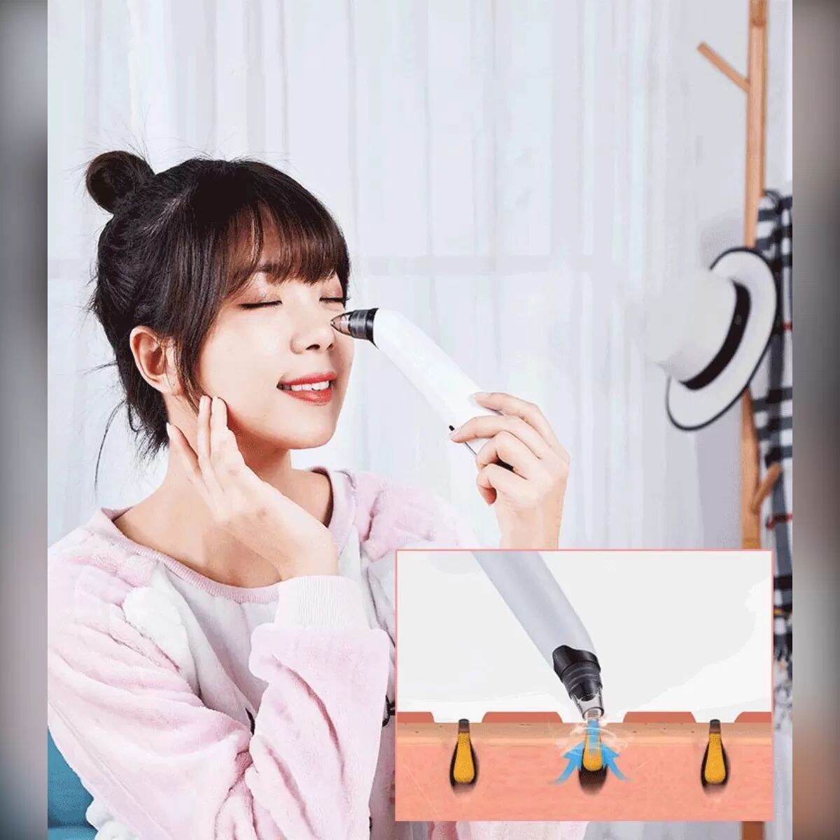 INF Nettoyeur de pores électrique chauffant - Aspirateur anti-points noirs avec aspiration réglable et têtes multiples Blanc
