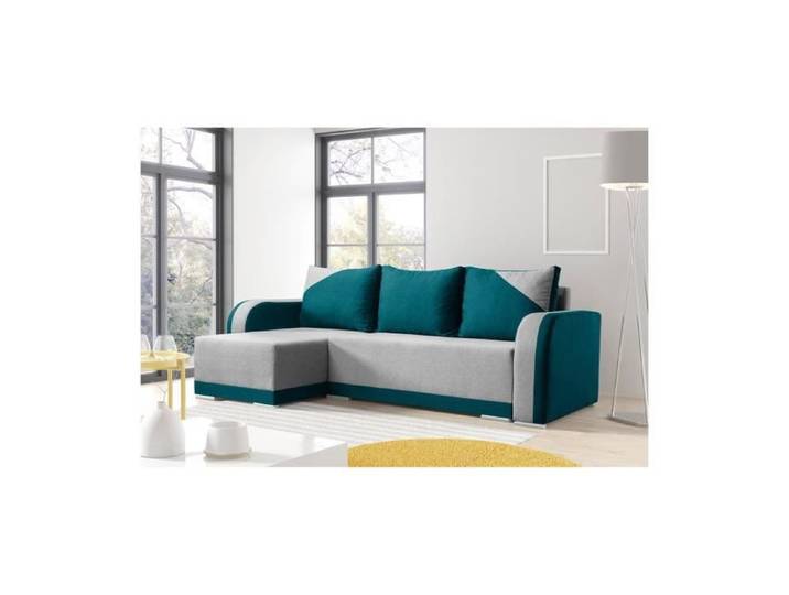 Canapé d'angle convertible et réversible Molly gris et bleu - TOP DECO - 4 places - Coffre de rangement - Tissu
