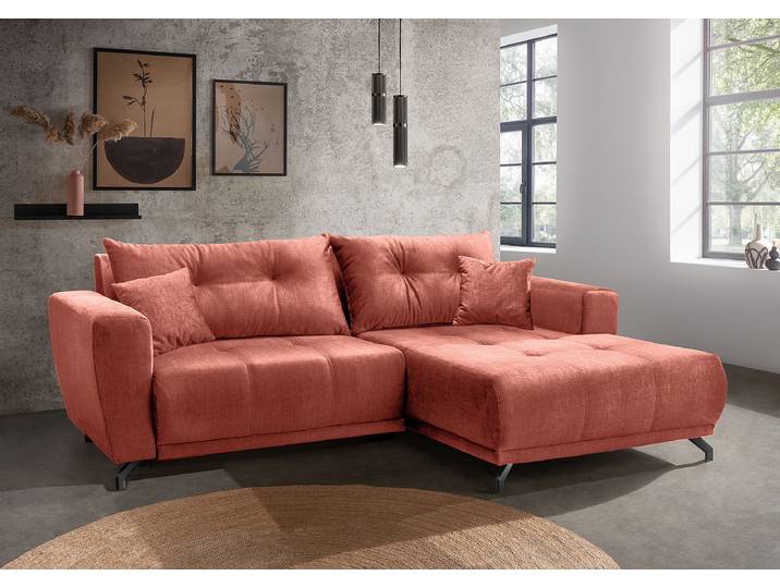 Ecksofa mit Sitztiefenverstellung Pink Samt Josita 246 x 80 x 177cm Longchair davorstehend rechts Modern