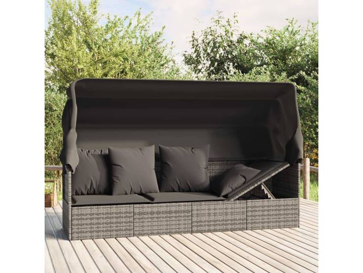 vidaXL Outdoor-Loungebett mit Dach und Kissen Grau Poly Rattan