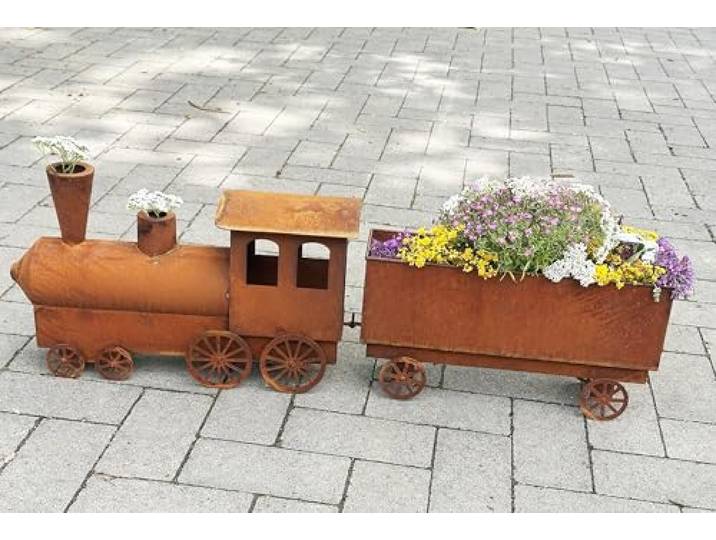 Lokomotive mit Waggon zum Bepflanzen 44x22x132cm Edelrost Gartendeko Rost Metall Eisenbahn Zug Lok mit Anhänger von Steinfigurenwelt